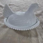 Vintage White Milk Glass Hen on Nest Covered Dish Beaded Rim Farmhouse Decor