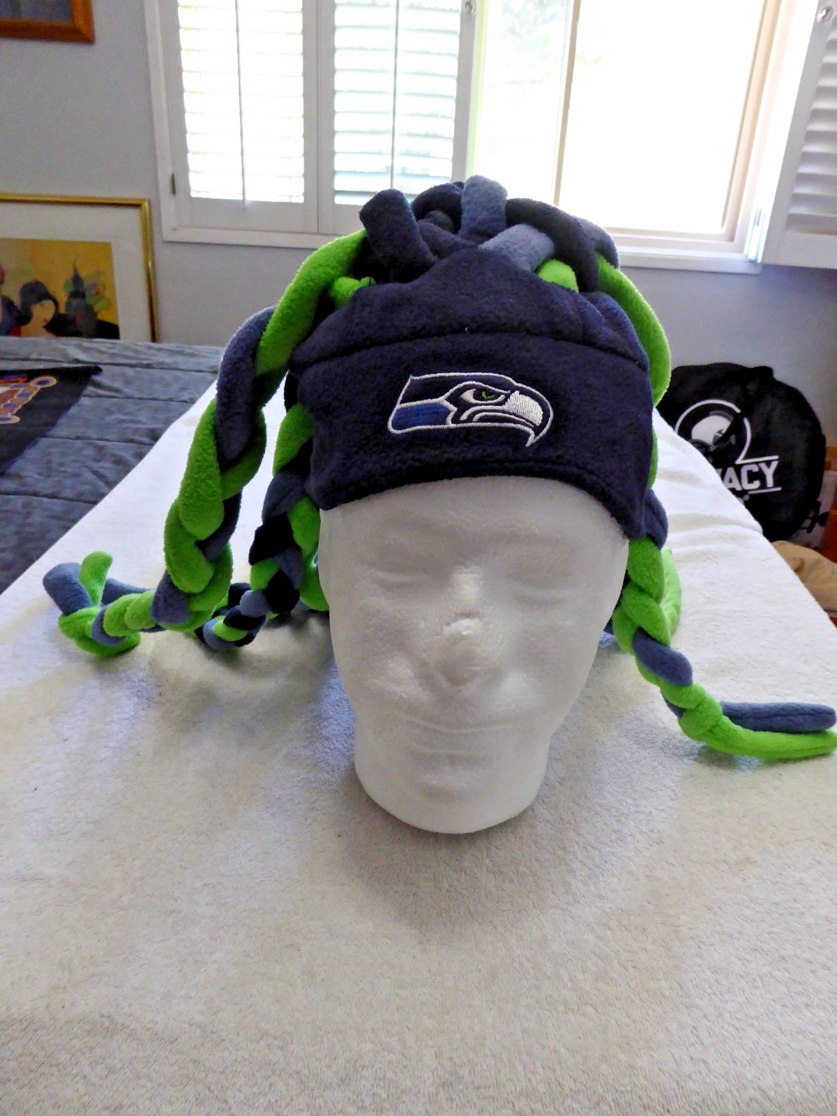 Vintage Seattle Seahawks Hat Reebok Rasta Dreadlock Hair Fleeced Knit Mens Cap