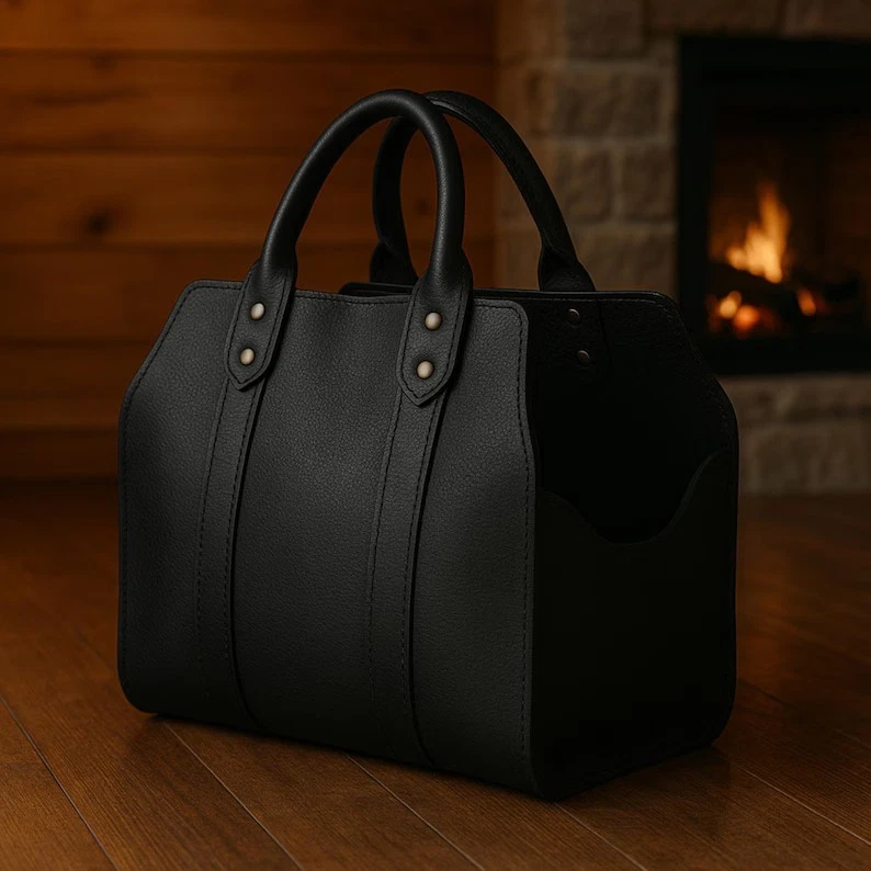 Bolso de Mano Hecho a Mano Cuero Leña Rústico Soporte para Troncos Chimenea Tienda de Madera Foto 4 de 4