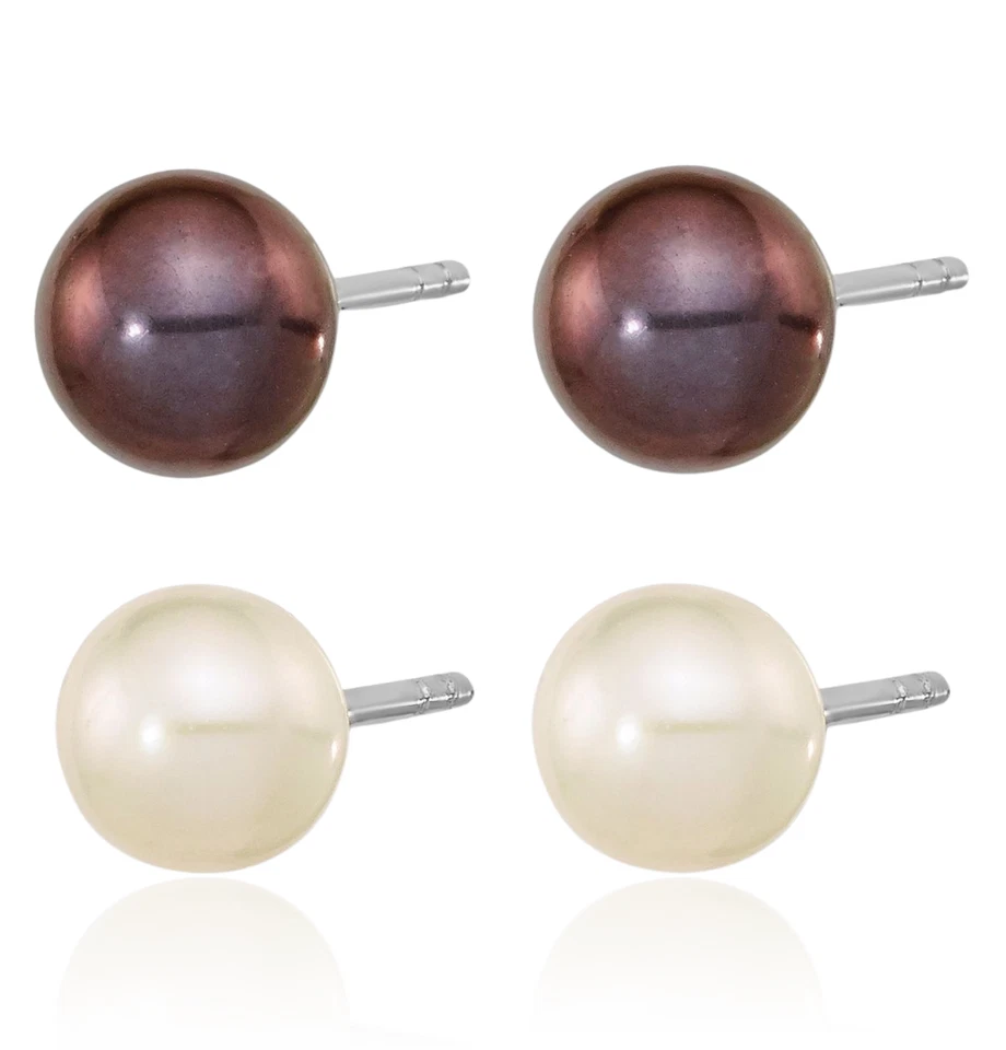 925 Sterling Silver 6mm Black White Round Freshwater Cultured Pearl Set of 2 ... - Image 2 of 4