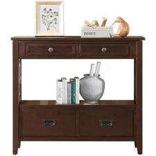 36" Solid Wood Console Table,Pine Wood Sofa Table with 4 Drawers,Retro