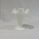 Vintage Fenton Hobnail Milk Glass Vase Ruffled Edge  MCM 4 Inches Tall White