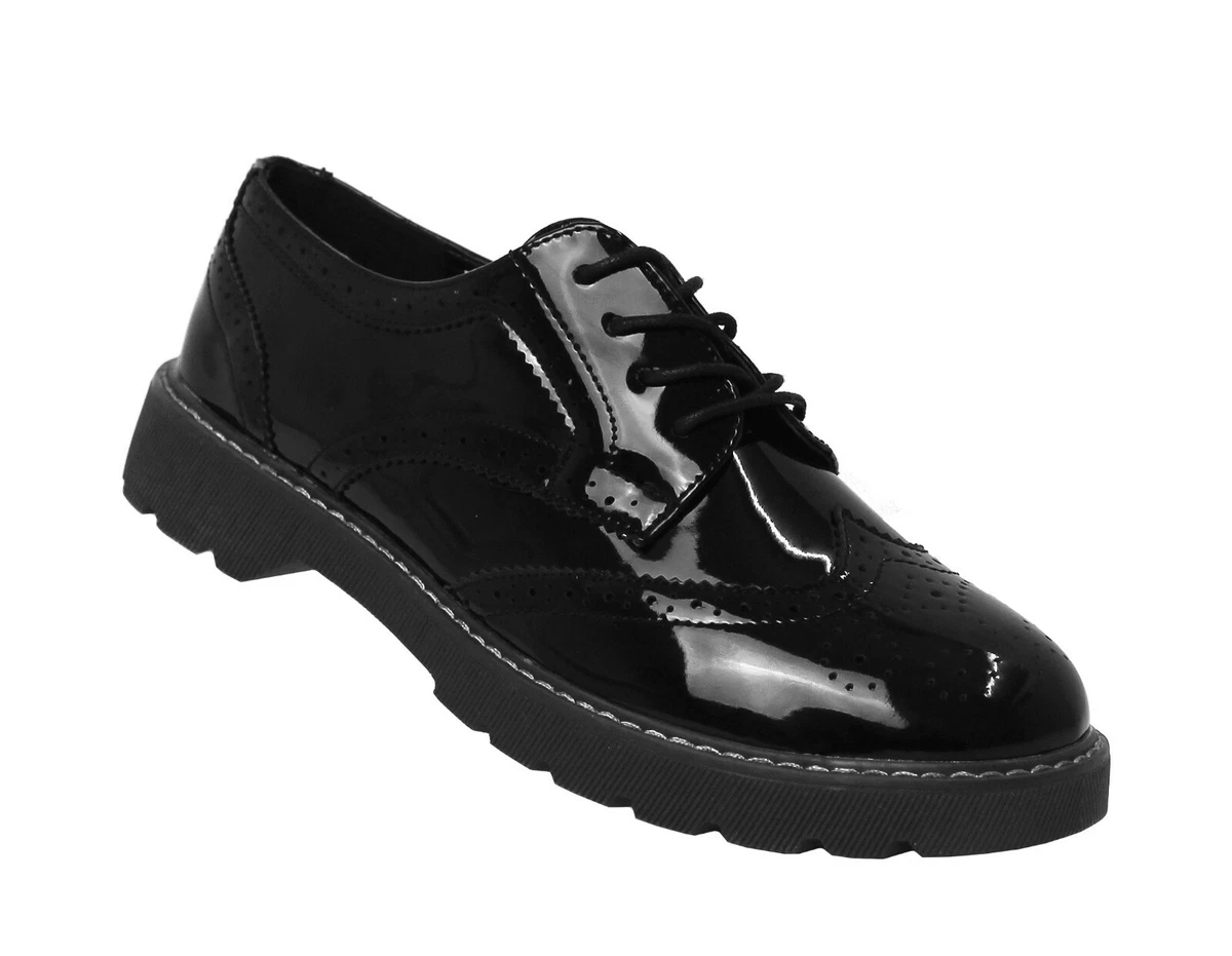 Womens Ladies Black Lace Up Glossy Patent School Formal Office Work Brogues  Shoe