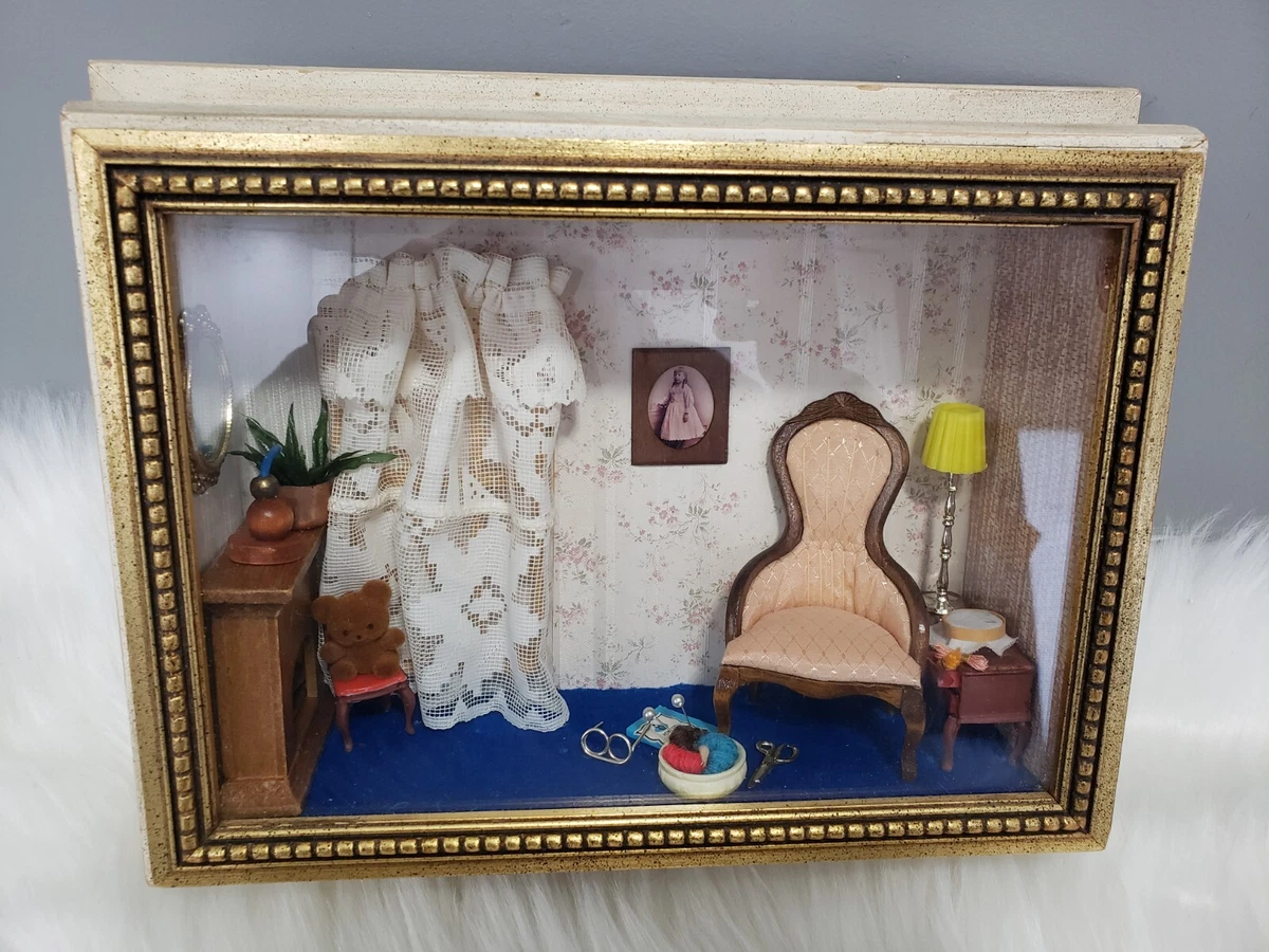 Vintage 3D Shadow Box Victorian Diorama Parlor Dollhouse Miniature Furniture