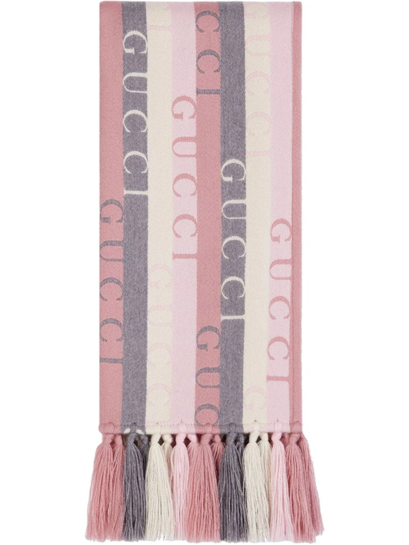 Authentic Unisex Gucci Pink Wool Cotton Wood Striped Logo Scarf