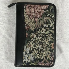 Vtg Daytimer Floral Print Tapestry Binder Black Zippered 8.5x5.5 in, 6 Ring