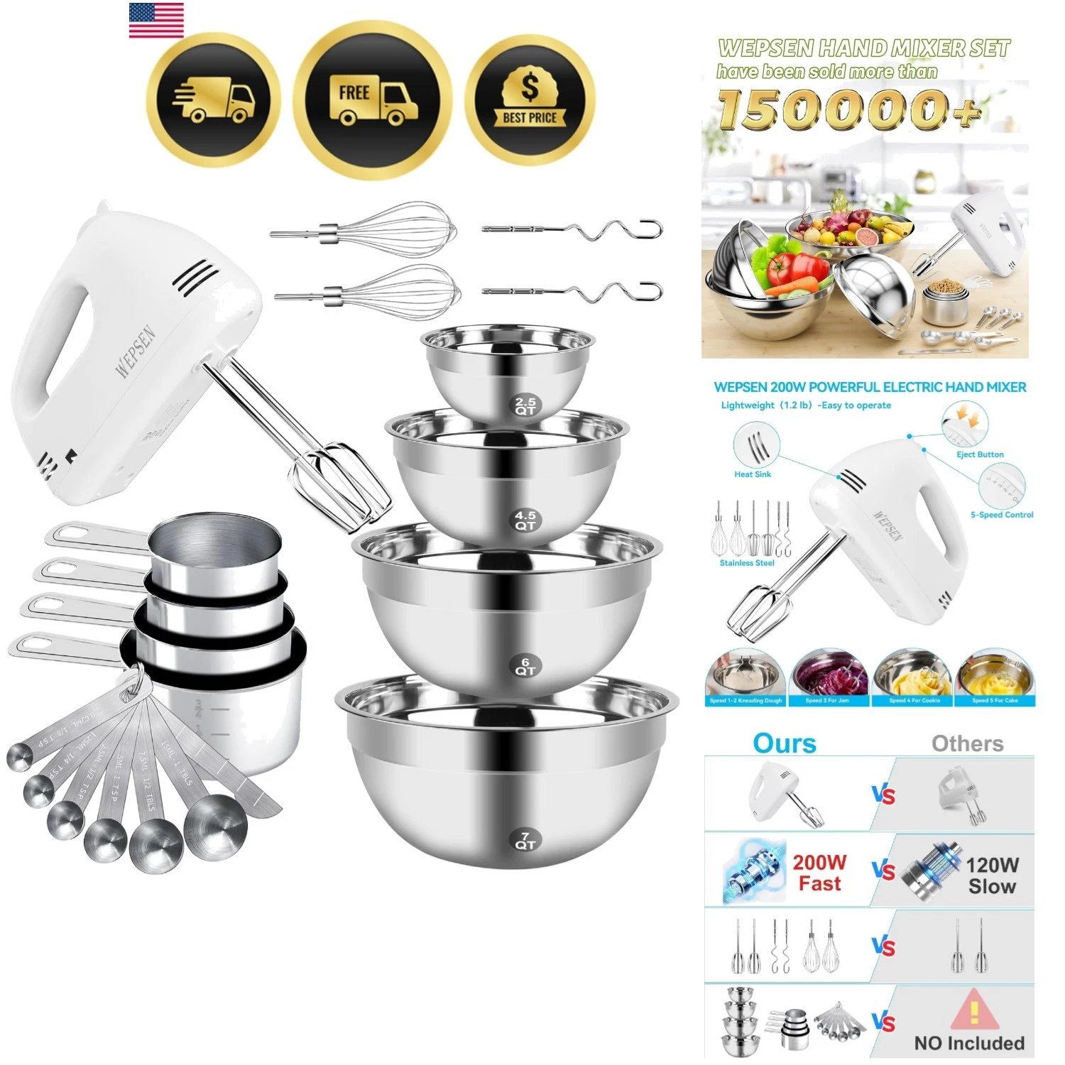 Hand Mixer Electric Mixing Bowls Set, 5 Speeds Handheld Mixer with 4 Nesting ...
Opens in a new wind