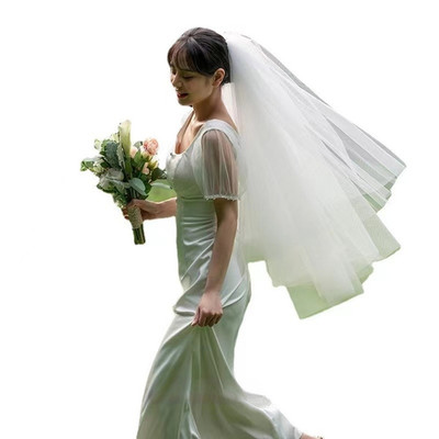 Wedding Headpiece Two Layer Korean Style with Metal Hair Comb for Brides