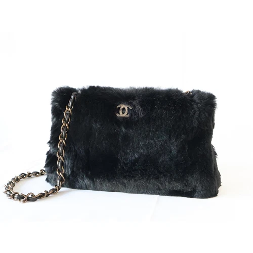 Borsa Chanel pelliccia di coniglio CC tracolla catena Coco Mark vintage nera morbida rara originale