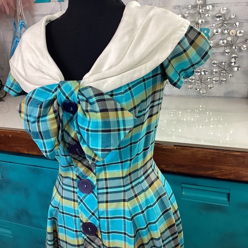 1950's Vintage Check Plaid Print Midi Tea Dress With Statement Bow Size XS - Picture 2 of 11