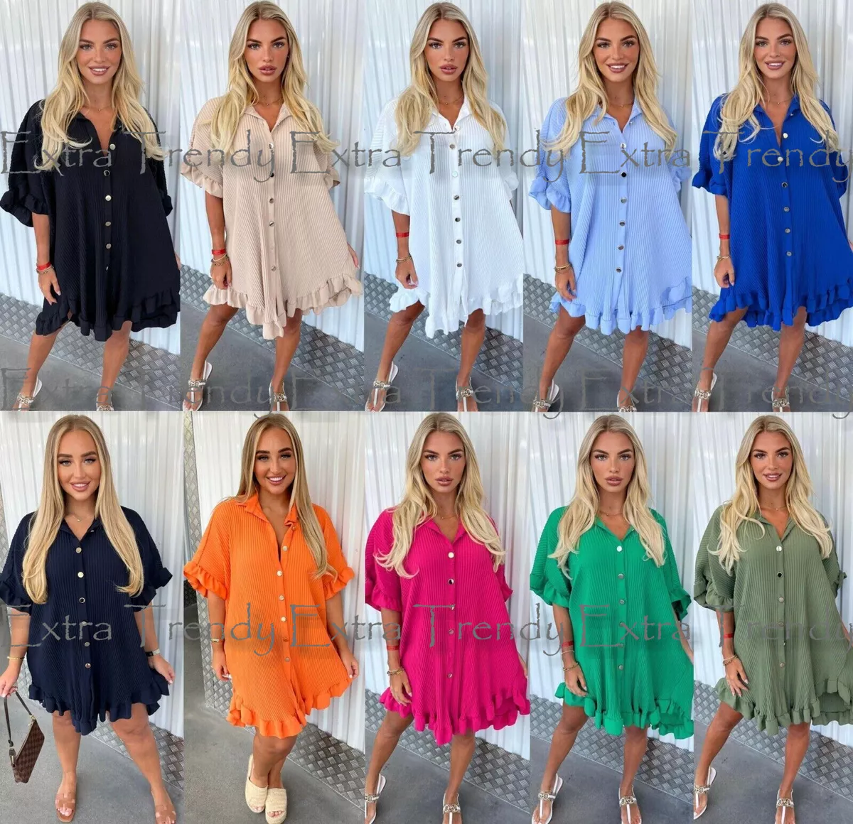 Women's Ladies Gold Button Pleated Frill Summer Shirt Swing Smock Mini Dress Top