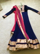 Women Stitched Long Gown Salwar Kameez Anarkali dress Kurti Dupatta SZ M Blue