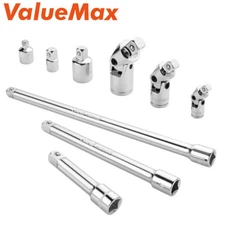 VALUEMAX 9PC Socket Accessory Set 1/4" 3/8" 1/2" Dr Joints 3/8" Dr Extension Bar