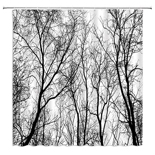  Rustic Tree Shower Curtain Tree Leafless Trunk Abstract 71"WX71"H Black White - Image 2 of 4