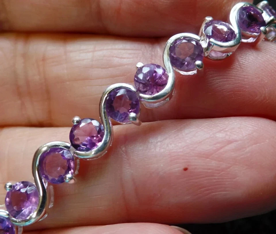 9Ct Round Lab-Created Amethyst S Link Women's Tennis Bracelet 14K White Gold FN - Image 3 of 4