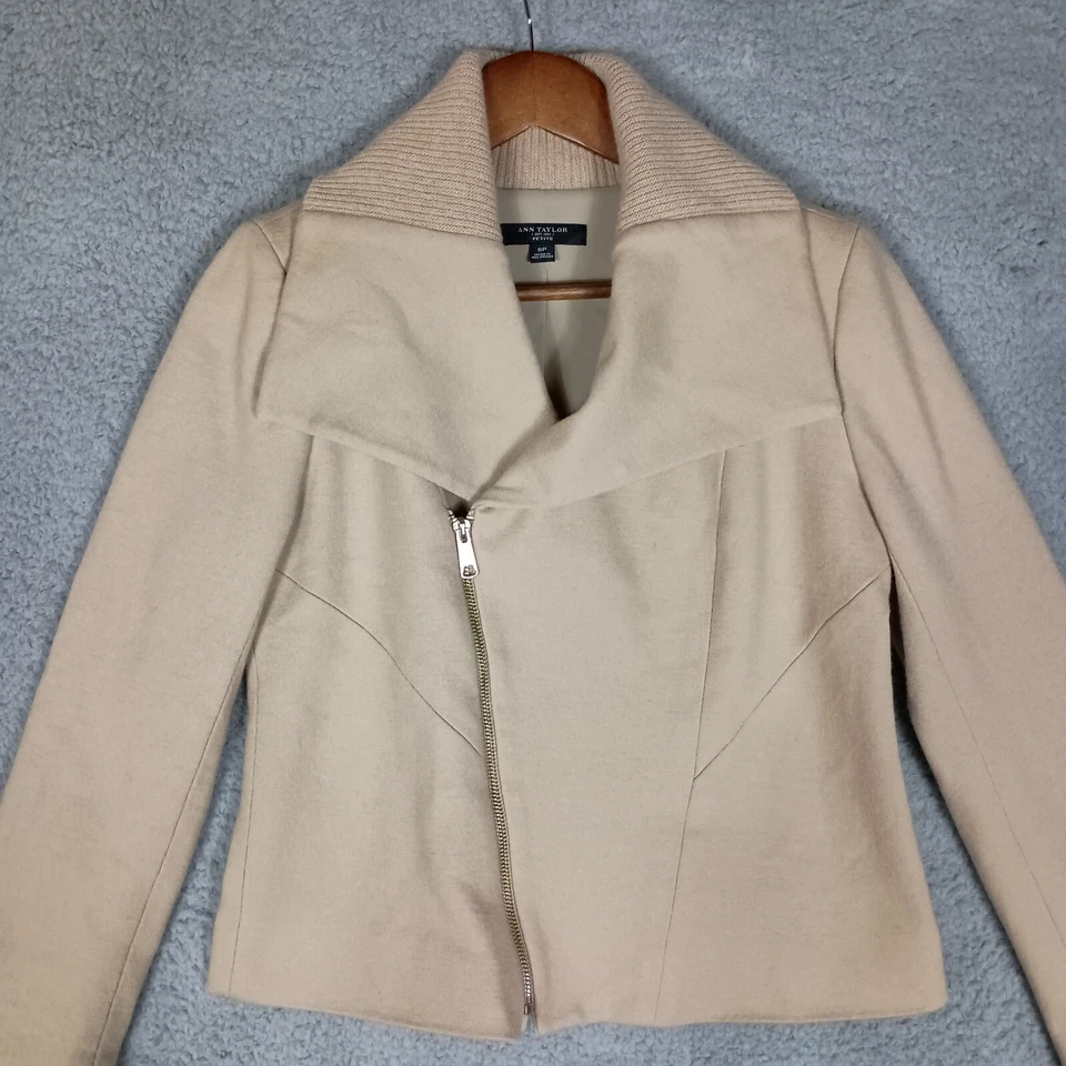 Chaqueta Ann Taylor Moto Mujer 6 Pequeña Mezcla de Lana Tostada Cremallera Completa Motociclista Asimétrica Foto 2 de 4
