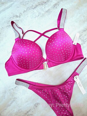 Victoria's Secret BOMBSHELL Push Up SWIM rhinestones shine thong pink crystal