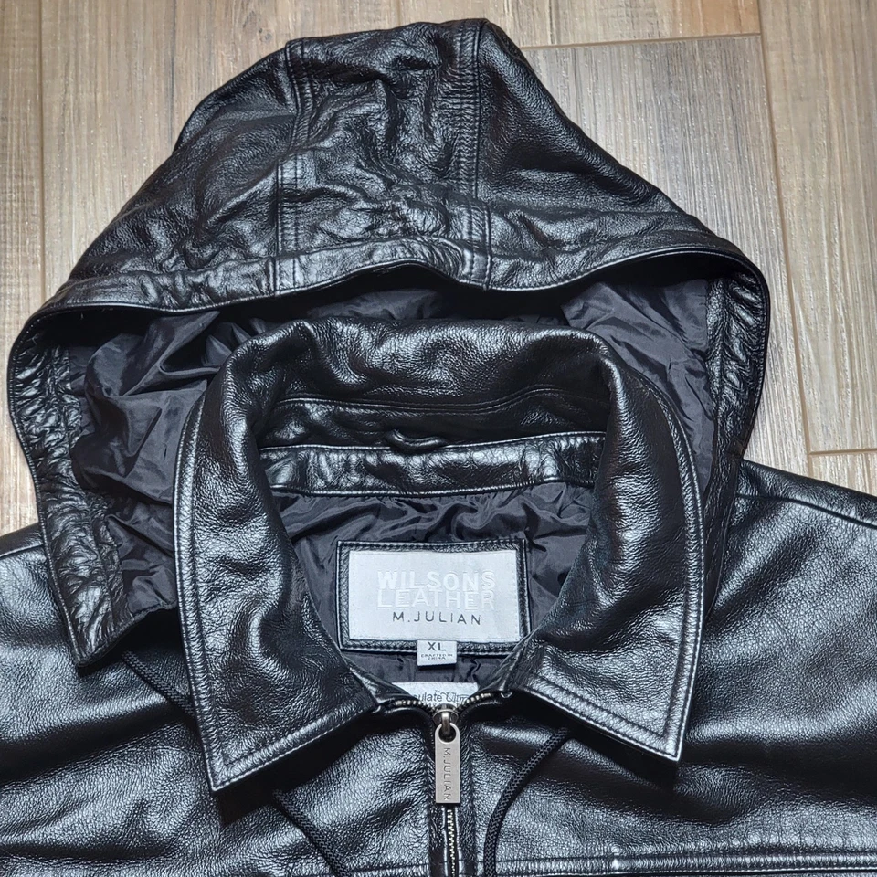 Vintage Wilsons M. Julian Leather Jacket Mens XL Black Hooded Thinsulate Lined - Image 2 of 4
