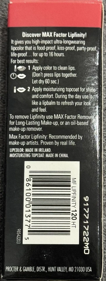 PACK de 2 Lápiz Labial Max Factor Lipfinity Lipcolor 120 CALIENTE Capa Superior Hidratante Foto 3 de 3
