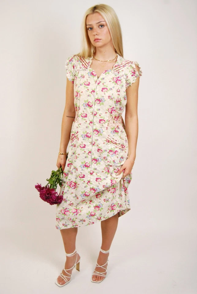 Vestido con Cremallera Años 50 (L) Grande Floral Vintage Midi Verde Rosa Informal Sweetheart Lindo Foto 4 de 4