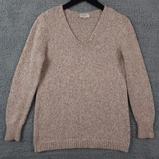 Ann Taylor LOFT Sweater Womens Medium Beige White Marled V Neck Knit Pullover
