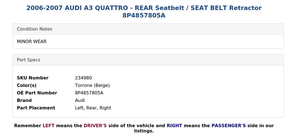 AUDI A3 QUATTRO 2006-2007 - Cinturón de seguridad trasero/cinturón de seguridad retractor 8P4857805A Foto 3 de 4