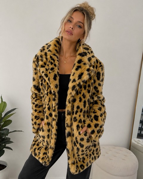 ASOS Womens Beige/Black Leopard Print Faux Fur Lined Button Short Overcoat UK 8
