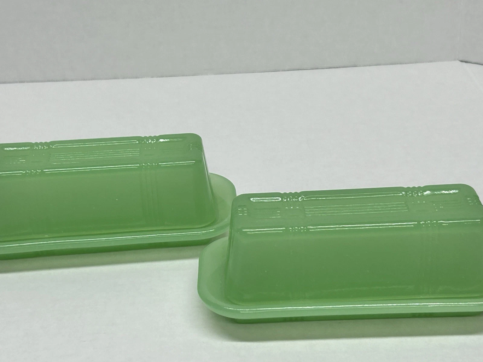 Set Of 2 TPC Jadeite Covered Butter Dish Tablecraft Vintage Style Green Glass