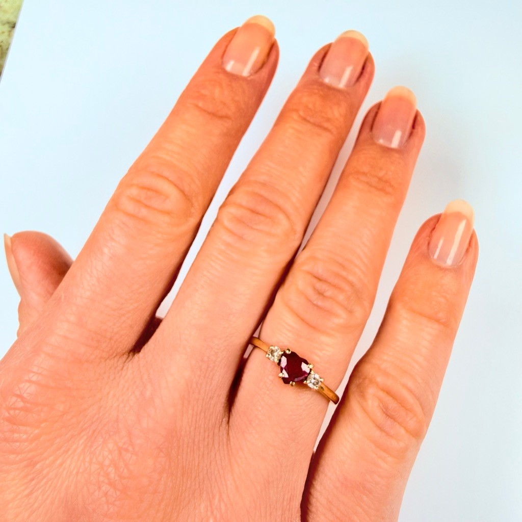 14K Solid Yellow Gold Red Genuine Ruby Heart & Di… - image 9