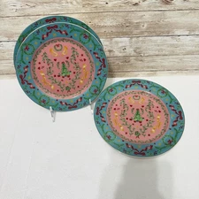 Monterey Bay 8" Teal and Pink Christmas Salad / Dessert Plates, New Set Of 4