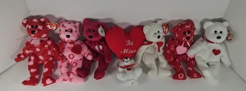 Lot of 8 Various Vintage Beanie Babies Valentines BEARS With Tags