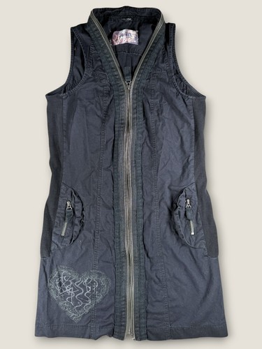 Desigual Y2K Vintage Black Zip Up Moto Tunic Dress Embroidered Heart S/M 