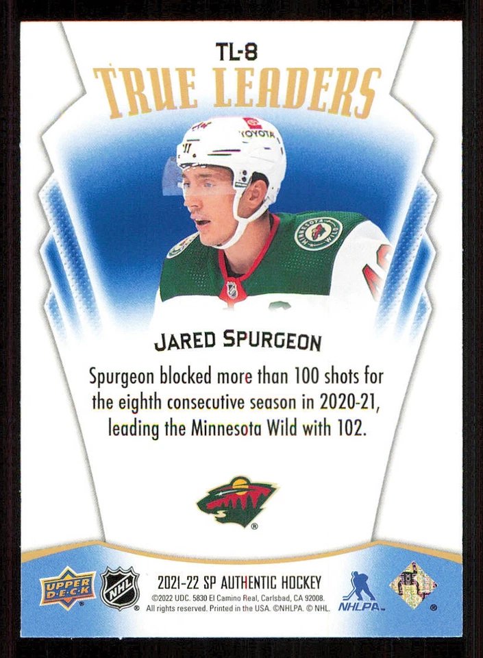 2021-22 SP Authentic True Leaders Blue #TL8 Jared Spurgeon - Image 2 of 2