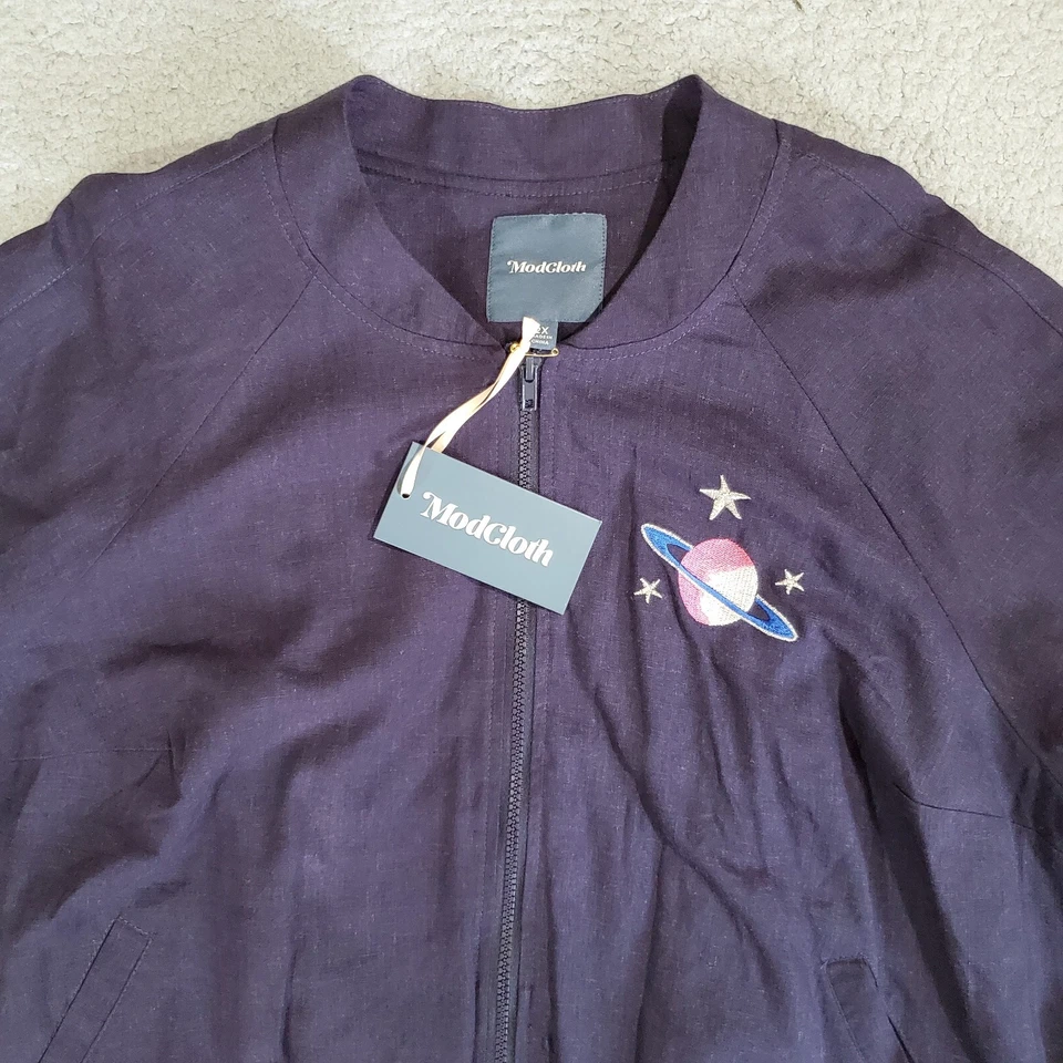 Modcloth Jacket Womens 2X Blue Zip Up Linen Blend Outer Space Cosmos Astro Lined - Image 2 of 4