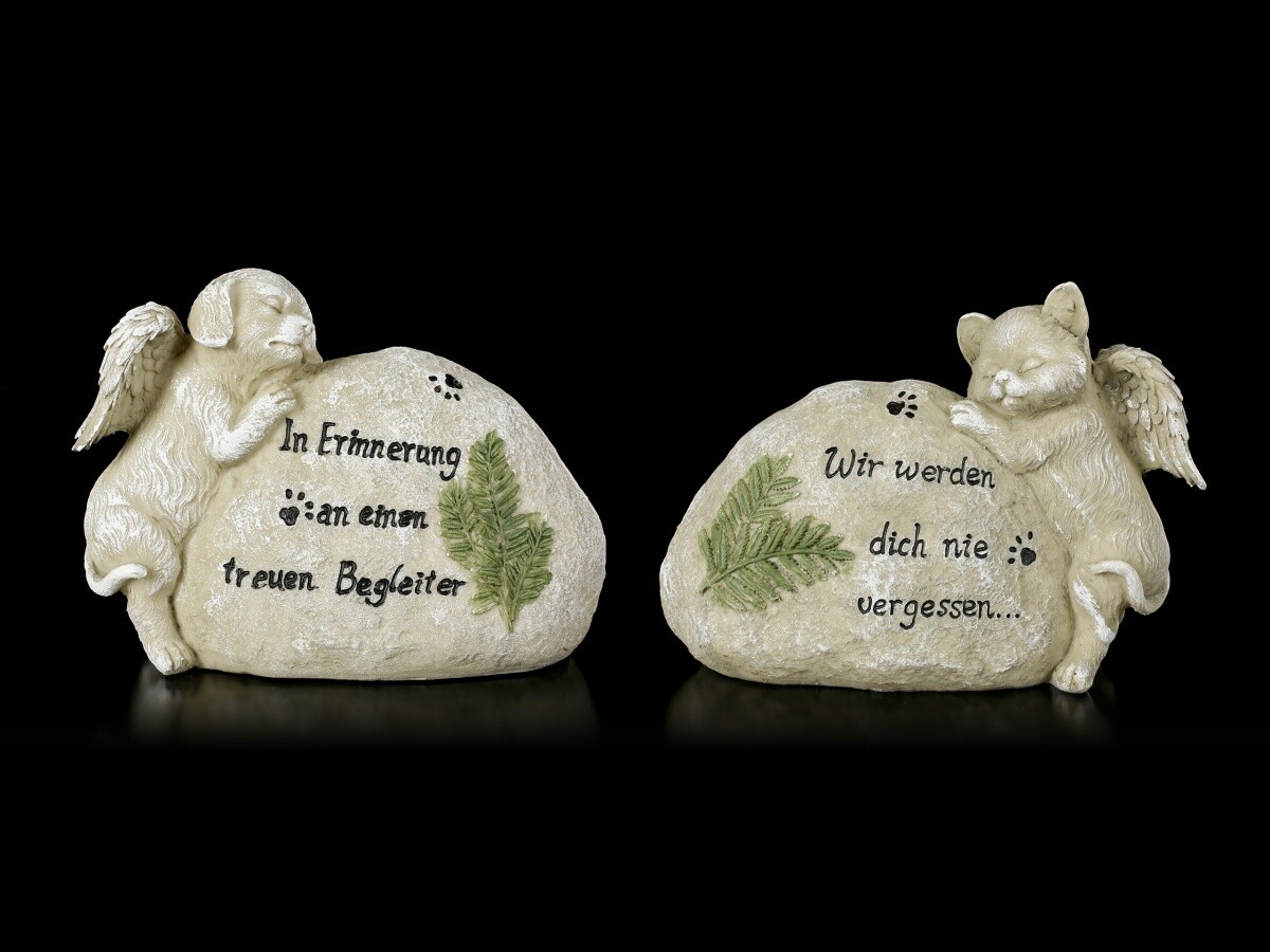 Dog And Cat Figures Next To Headstone - Set Of 2 - Pet Kittens Puppies