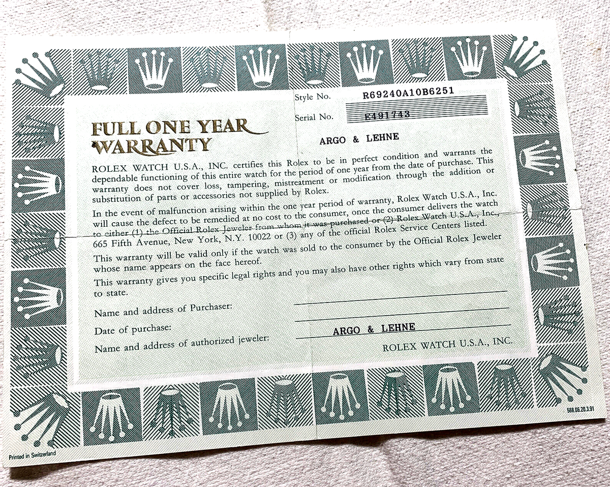 Rolex Watch Paper Document R69240A10B6251 OPEN Name Date