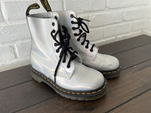 Dr Martens Womens Sz 5 Pascal Silver Iridescent Lace Up Leather Combat Boots - Picture 1 of 20