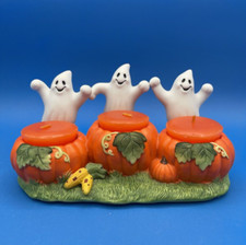 Ghost Trio Tealight Holder Halloween Pumpkin Decorations w Orange Candles in Box