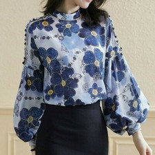 Damen Chiffon Blumenmuster T-Shirt Bluse Kragen Top Barock Retro Elegant