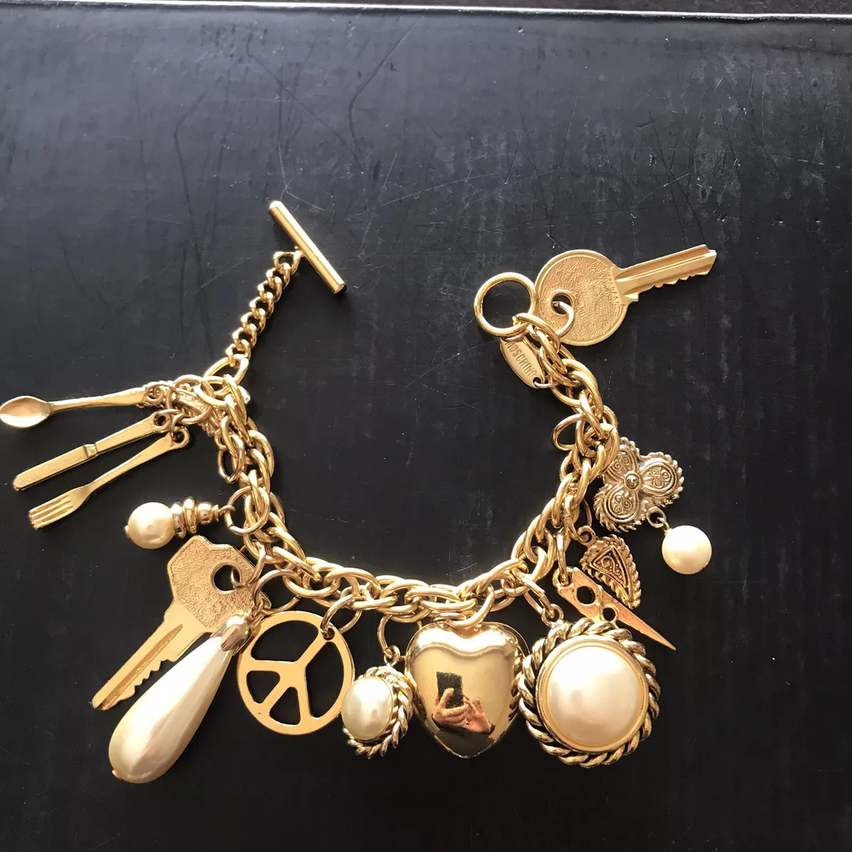 Moschino Rare Vintage Charm Bracelet Gold Filled Designer Signed Made In Italy