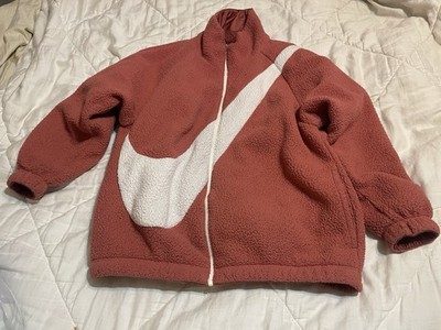 Nike Reversible Sherpa Puffer Big Swoosh Jacket Womens Size XS Pink Redwood S1