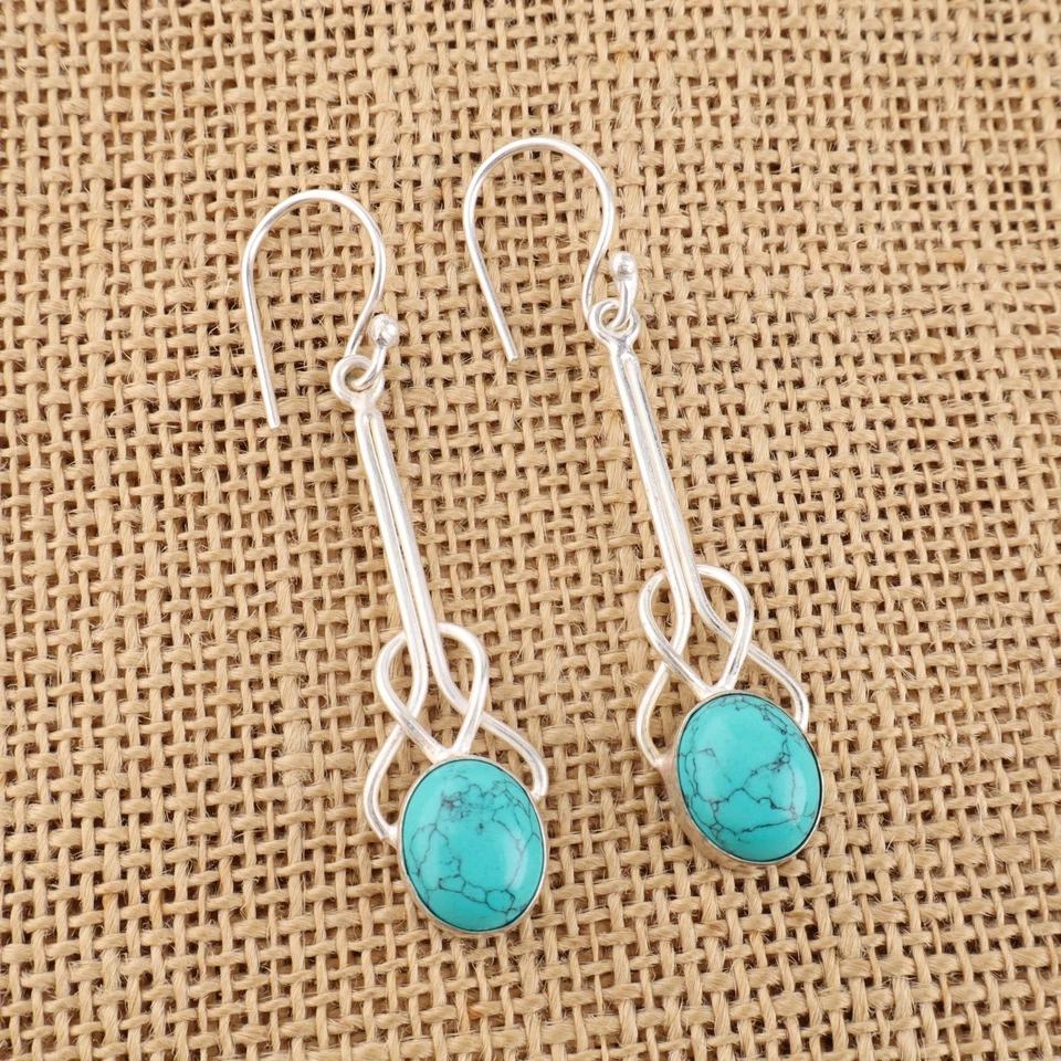 Blauer Türkis Edelstein 925 Sterlingsilber Handarbeit Schmuck Ohrring 1,76 Zoll - Bild 3 von 4