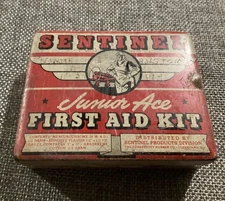 Vintage 1940s Sentinel Junior Ace First Aid Kit Tin Box Aviation WWII Era USA