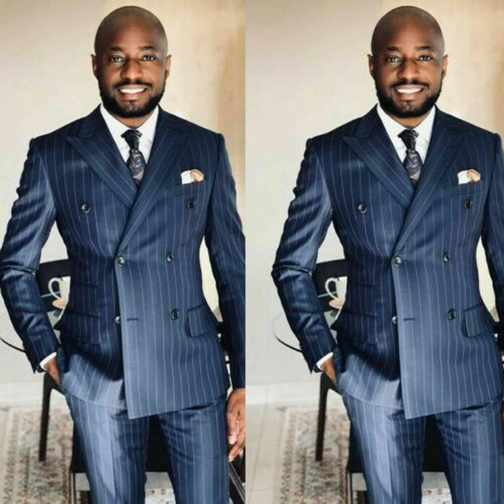 Navy Blue Men Business Suit Striped 2Pcs Double Breasted Blazer Work Wear  Jacket