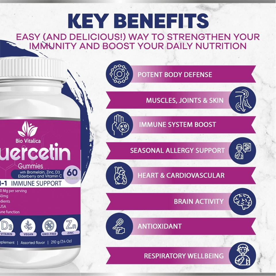 (2 paquetes) Gomitas de quercetina 750 mg con bromelina vitamina C D3 zinc y saúco Foto 3 de 4