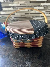 Small Cloth and Wicker Oval Sewing Basket Box Red White Blue Patriotic Vtg 80’s