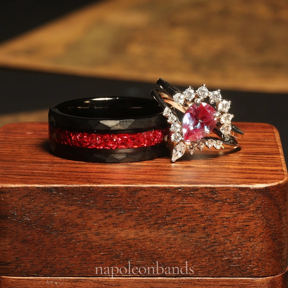 Ruby and Alexandrite Stone Couple Ring Set, Red Wedding Band, Comfort Fit - Image 2 of 4