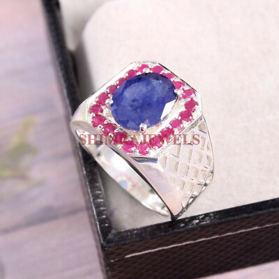 Bague Pour Homme En Argent Sterling 925 Avec Saphir Bleu Et Rubis