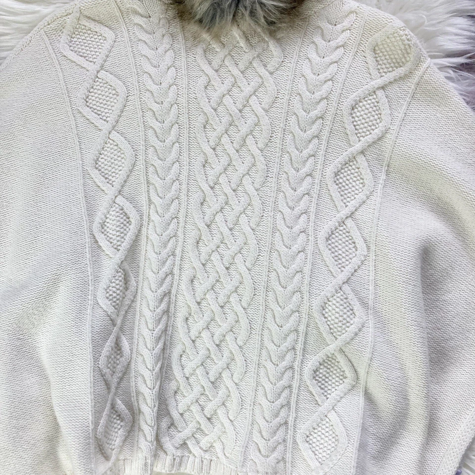 Gap Faux Fur Hooded Cable Knit Poncho Cream Girl Size 8-9. - Image 2 of 4