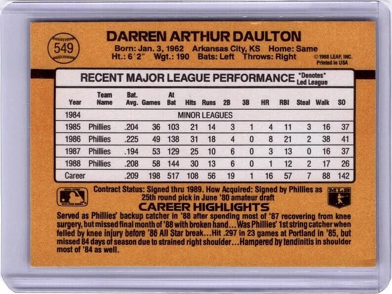 1989 Donruss - Darren Daulton #549 - Image 2 of 2
